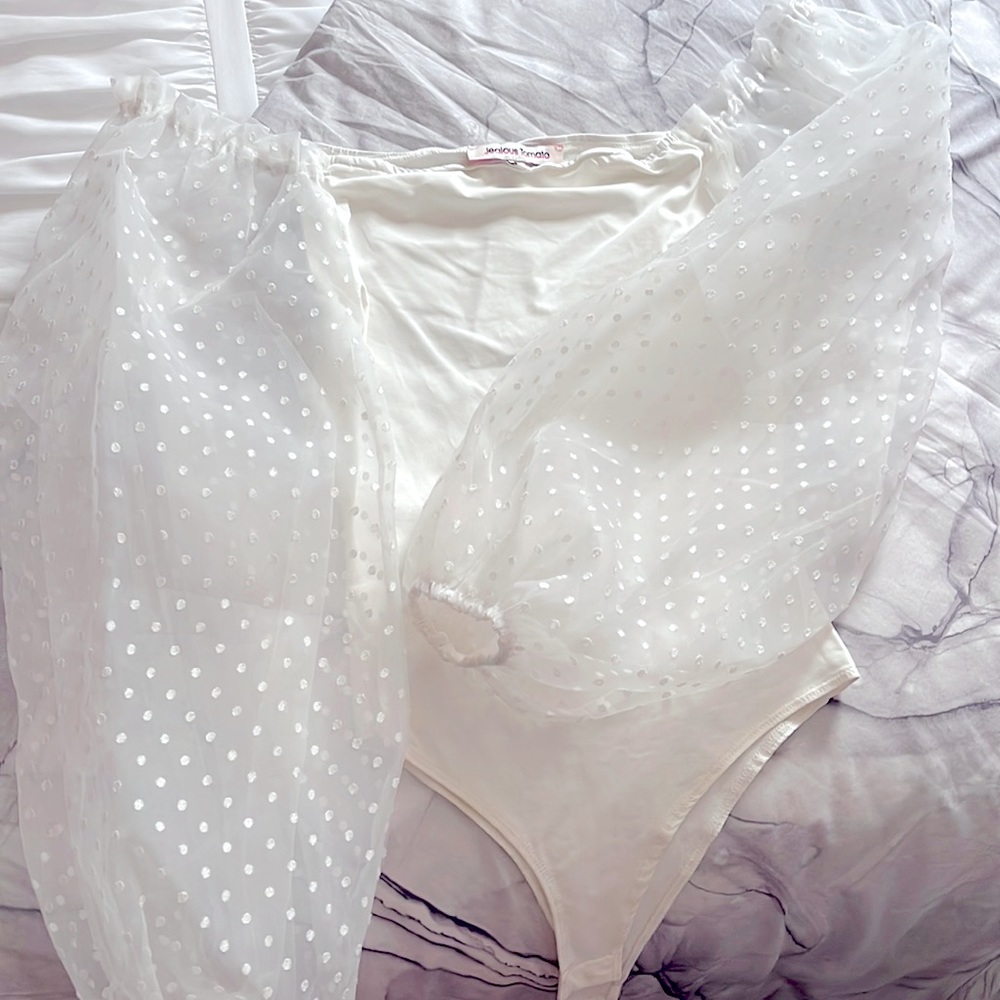 Brand is Jealous Tomato in a size small, it is a white body suit with mesh arms